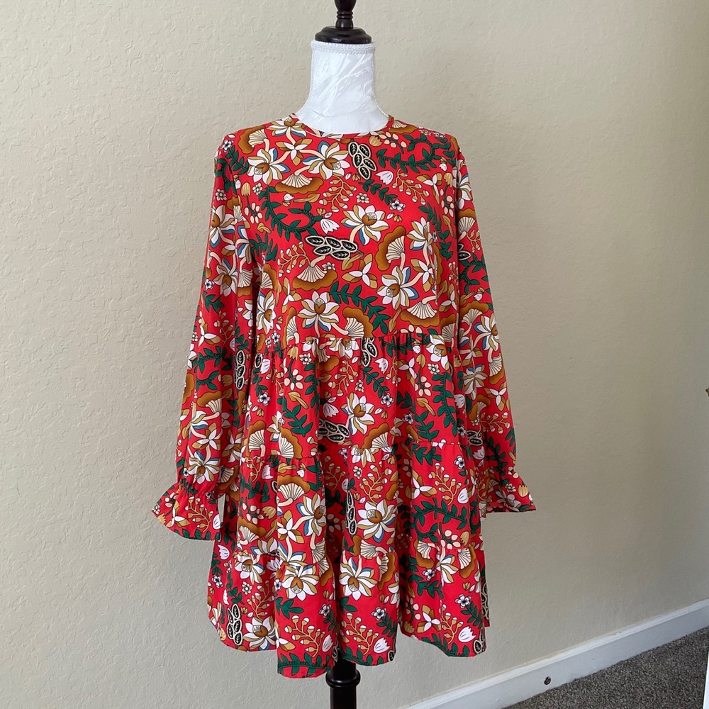 Sunday Up Floral Smocked Tiered Babydoll Dress Womens Large Red Vintage Print